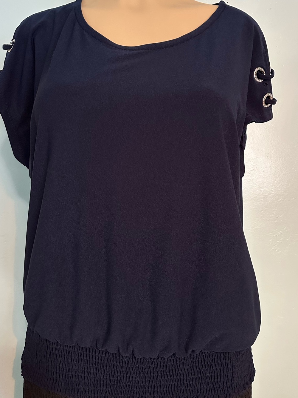 Short-Sleeve Navy Blouse with Grommet Detail